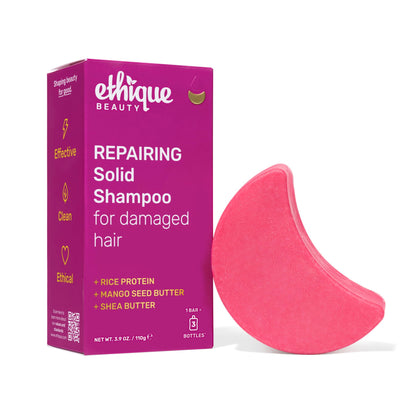 Ethique repairing shampoo bar front view showing eco packaging and brand benefits