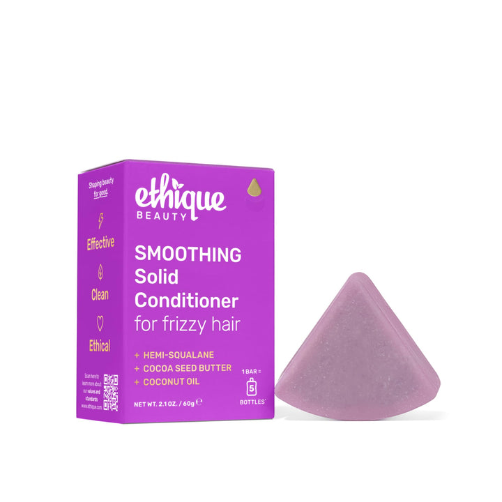 Ethique smoothing conditioner bar front packaging showing eco design and benefit of plastic-free travel