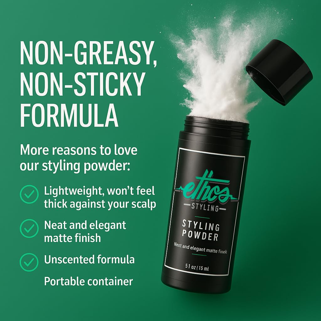 Ethos Styling close-up of powder on fingertips demonstrating easy apply and instant lift