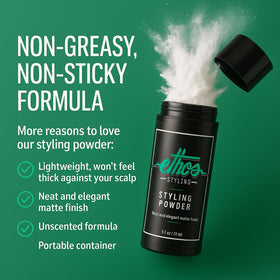 Ethos Styling close-up of powder on fingertips demonstrating easy apply and instant lift