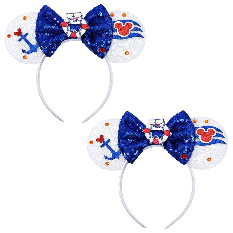 ETLUK front view of cruise mouse ears headband showing bow and lifebuoy for photo-ready sparkle