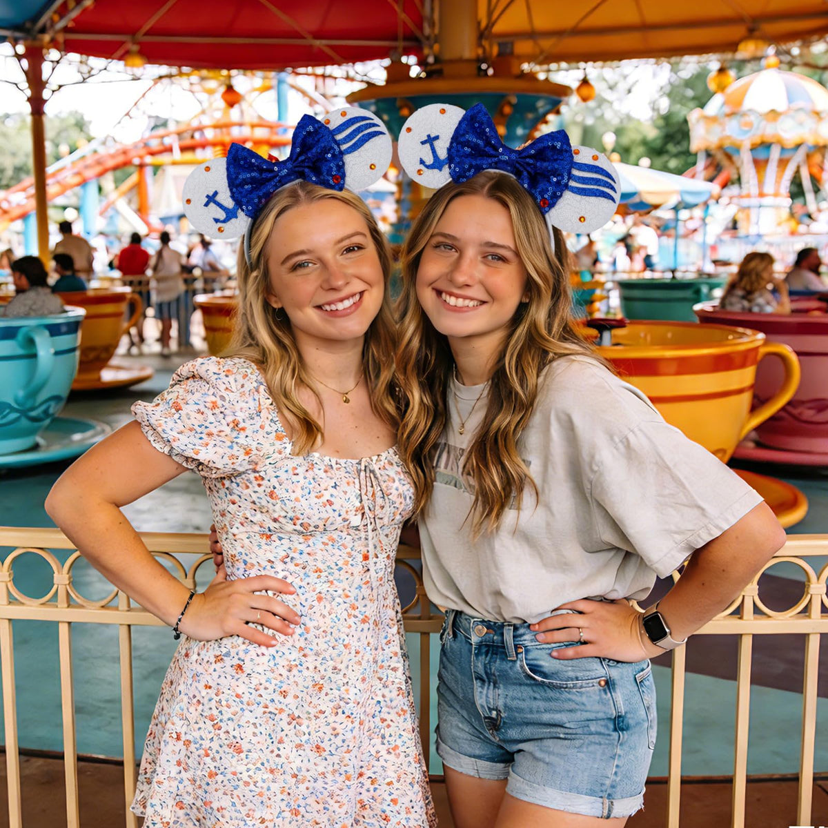 ETLUK headband worn by two people at a theme park demonstrating matching styles