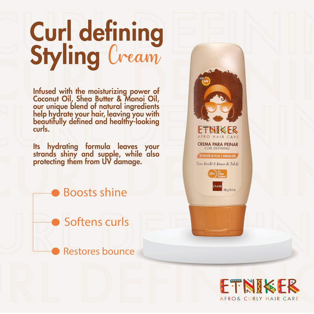 ETNIKER lifestyle shot outdoor with defined curls showing natural shine and movement