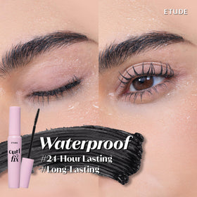 ETUDE mascara resisting water droplets to illustrate waterproof benefit
