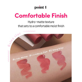 ETUDE lip swatch closeup showing full-coverage salmon brick color and flattering finish benefit
