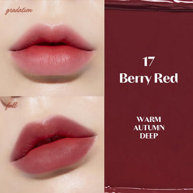 ETUDE fixing tint swatch on arm showing true berry red payoff and long-lasting color