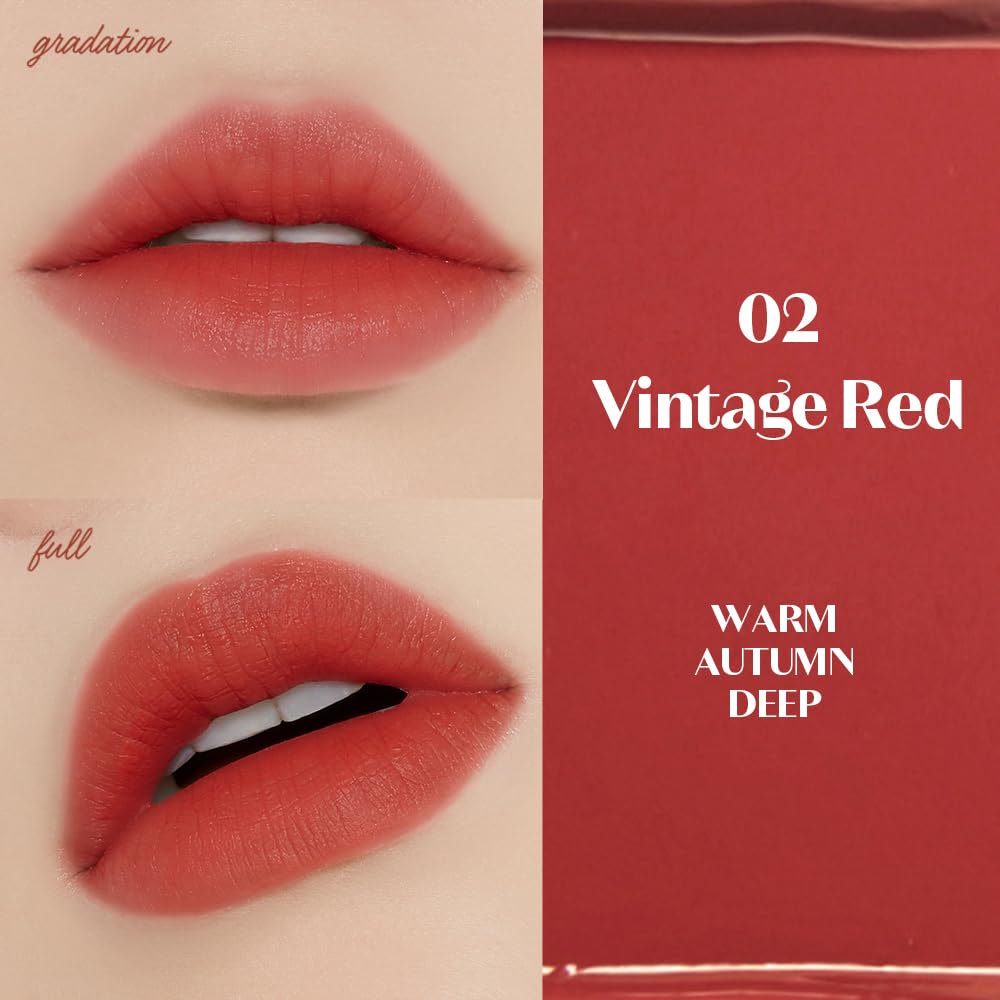ETUDE texture swipe of vintage red showing smooth high-pigment finish