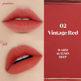 ETUDE texture swipe of vintage red showing smooth high-pigment finish