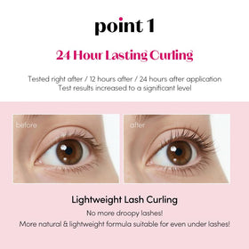 ETUDE before and after lashes showing curl lift and natural volume