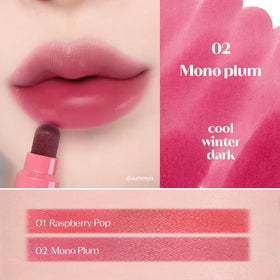 ETUDE Mono Plum swatch on model lips showing rich depth and long‑lasting color