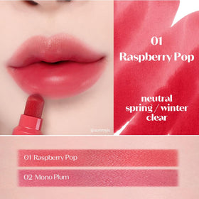 ETUDE Raspberry Pop swatch on hand showing vivid pigment and quick coverage