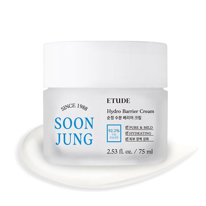 ETUDE front packaging of SoonJung Hydro Barrier Cream showing clean label and size benefit