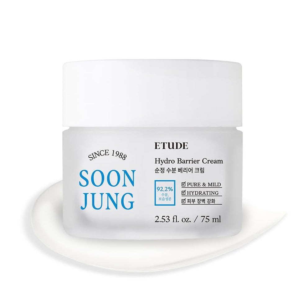 ETUDE front packaging of SoonJung Hydro Barrier Cream showing clean label and size benefit