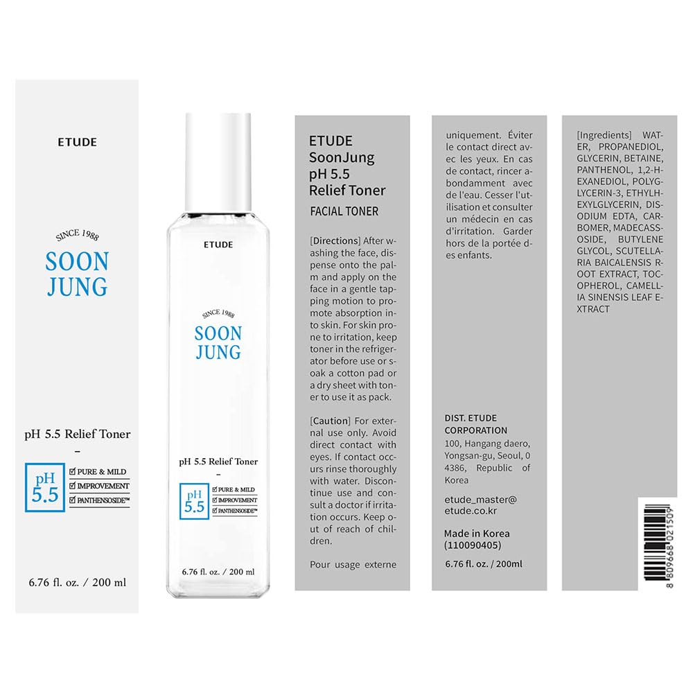 ETUDE SoonJung toner on bedside shelf in lifestyle shot suggesting calming ritual