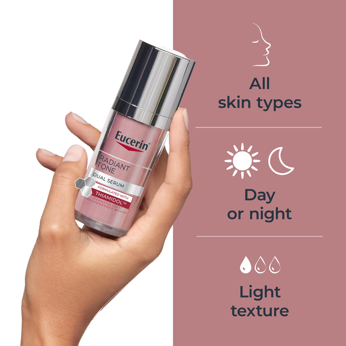 eucerin 1 fl oz bottle in hand showing scale and travel-friendly convenience benefit