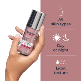 eucerin 1 fl oz bottle in hand showing scale and travel-friendly convenience benefit