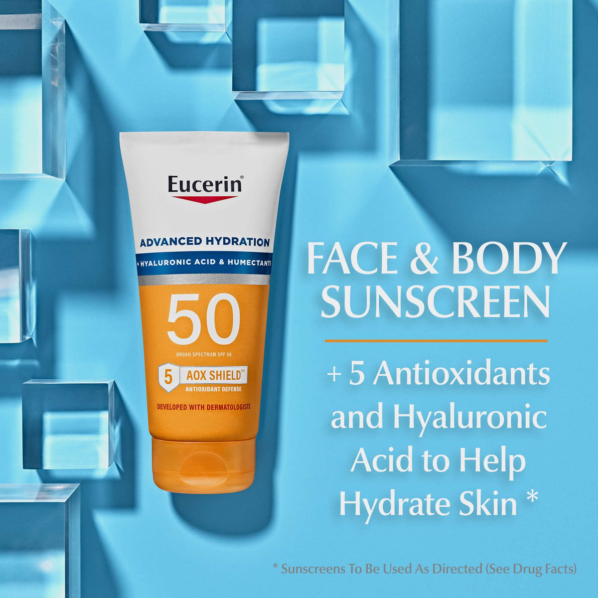 Eucerin Age Defense face bottle close-up, lightweight SPF 50 for daily face use