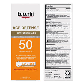 Eucerin product label and drug facts clear view for ingredient transparency
