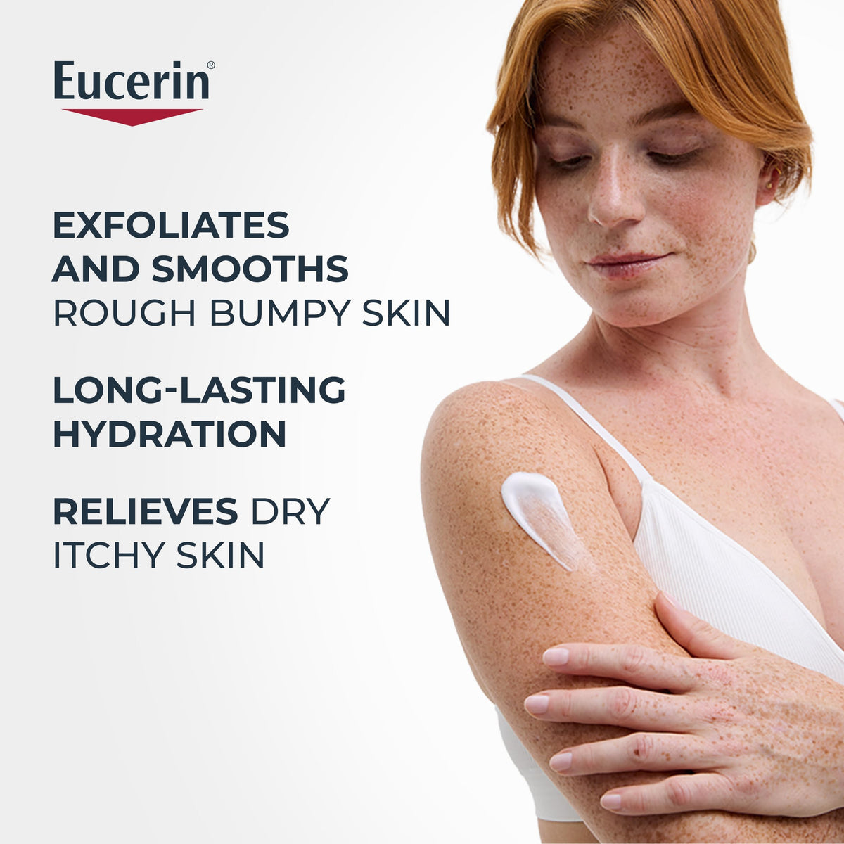 Applying Eucerin lotion to an elbow to smooth rough patches and restore softness