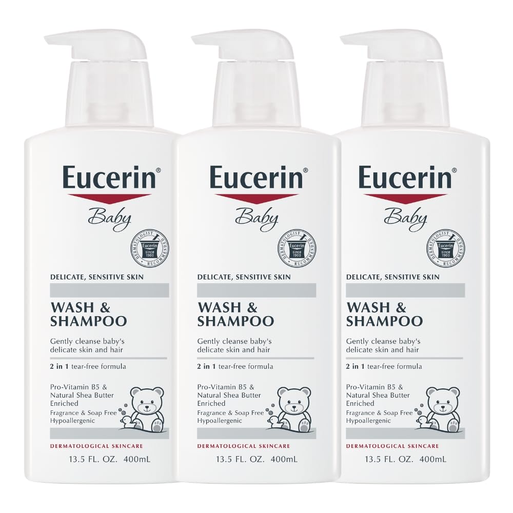 Eucerin baby front pump bottle showing label and easy dispensing benefit