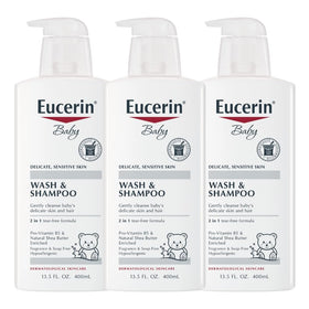 Eucerin baby front pump bottle showing label and easy dispensing benefit