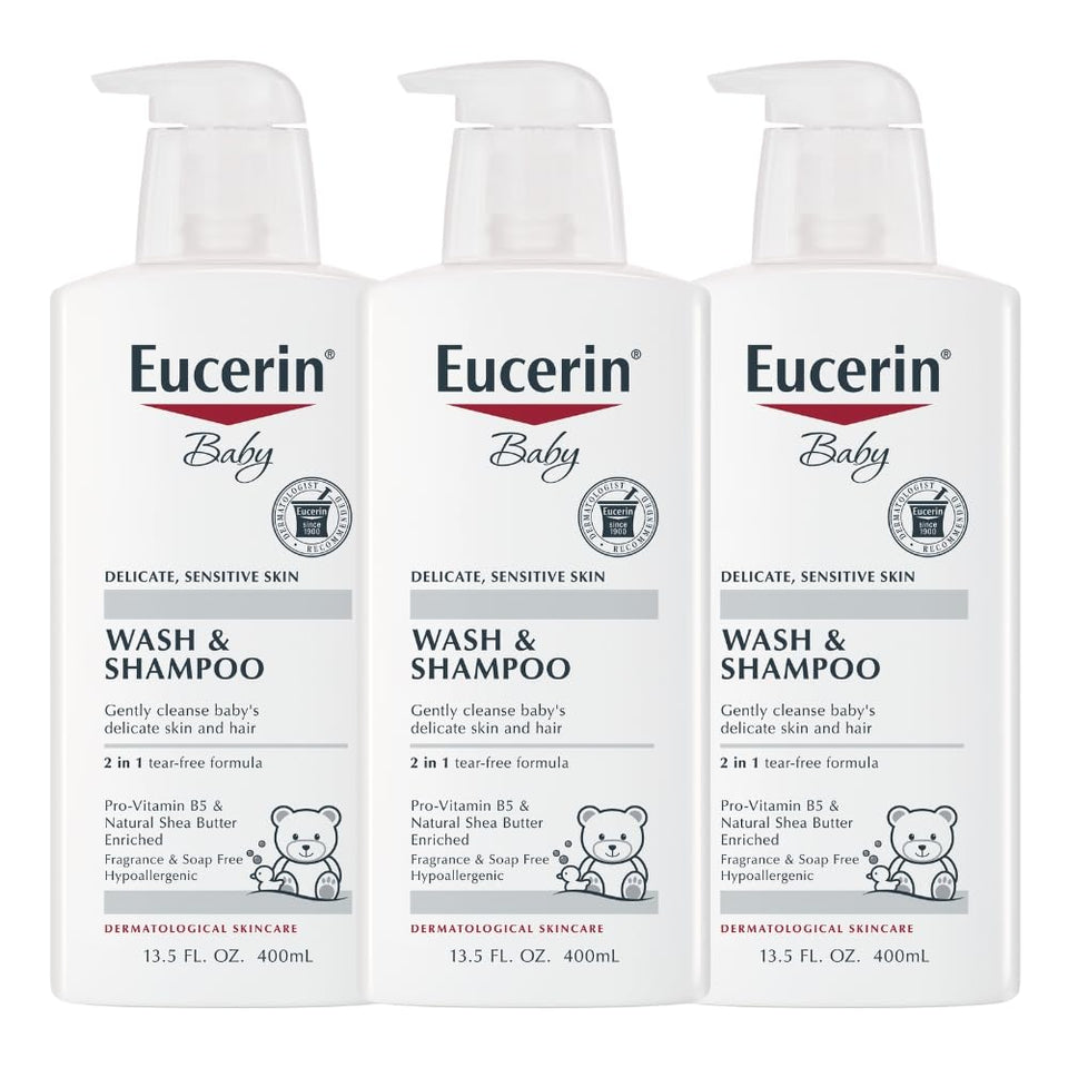 Eucerin baby front pump bottle showing label and easy dispensing benefit