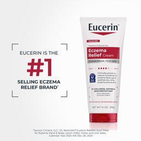 Eucerin body cream tube detail showing size and easy-squeeze cap benefit