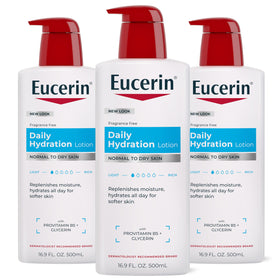 Eucerin bottle front with pump showing clean unscented formula benefit