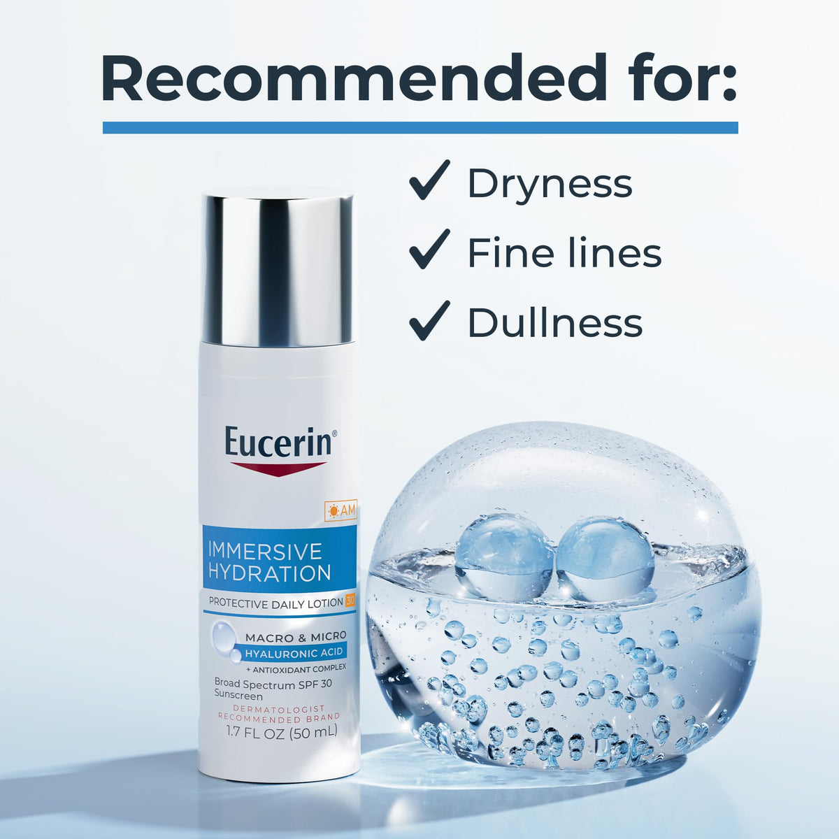 Eucerin bottle beside serum and night cream suggests a complete routine