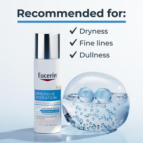 Eucerin bottle beside serum and night cream suggests a complete routine