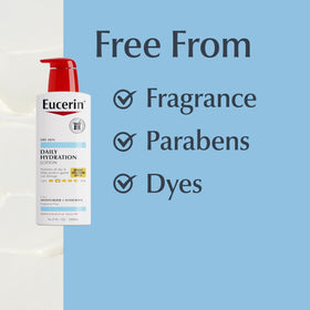 Bottle beside common items to show Eucerin size and portability