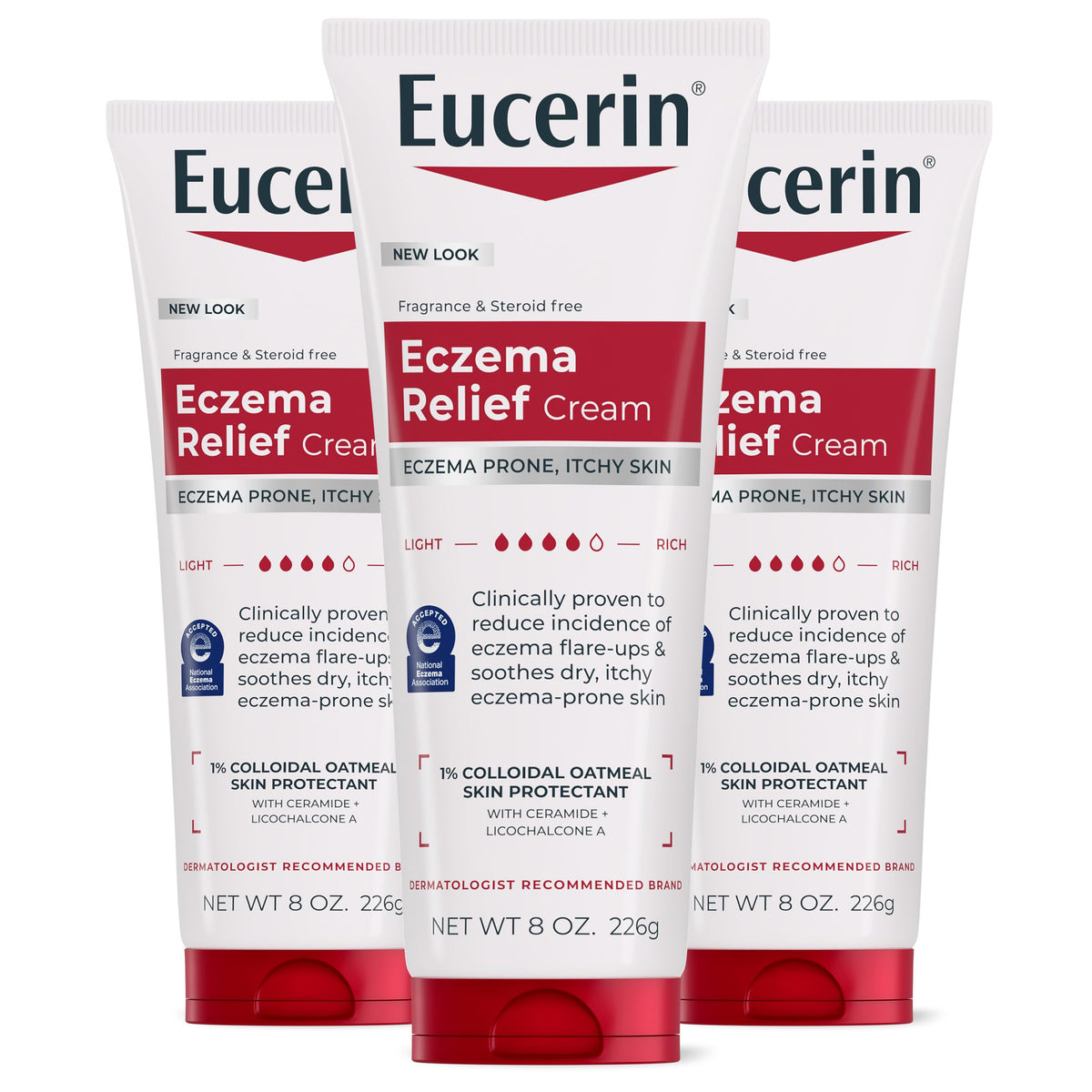 Eucerin tube front view showing product name and benefits for quick recognition