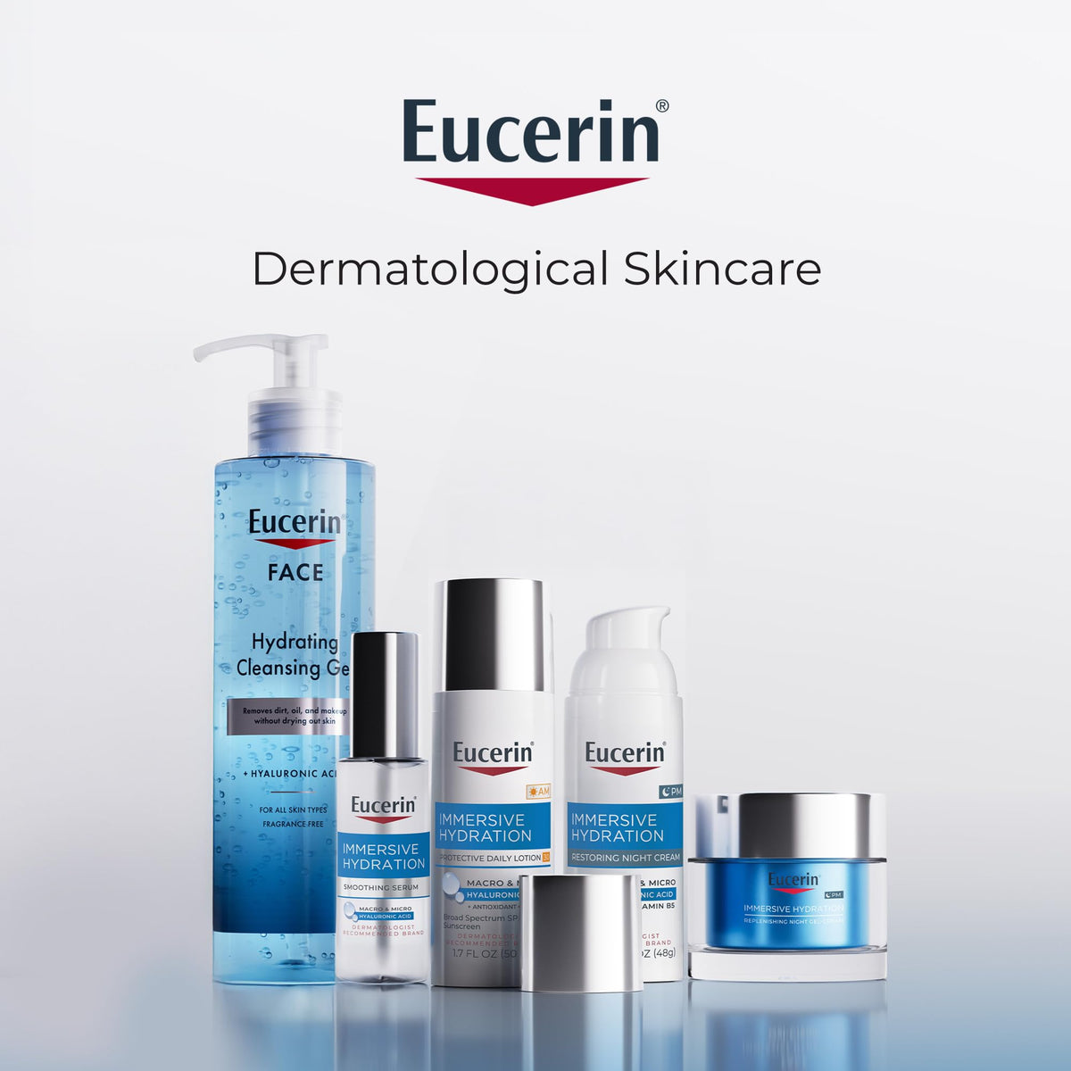 Eucerin bottle on flatlay with botanicals conveys gentle formulation
