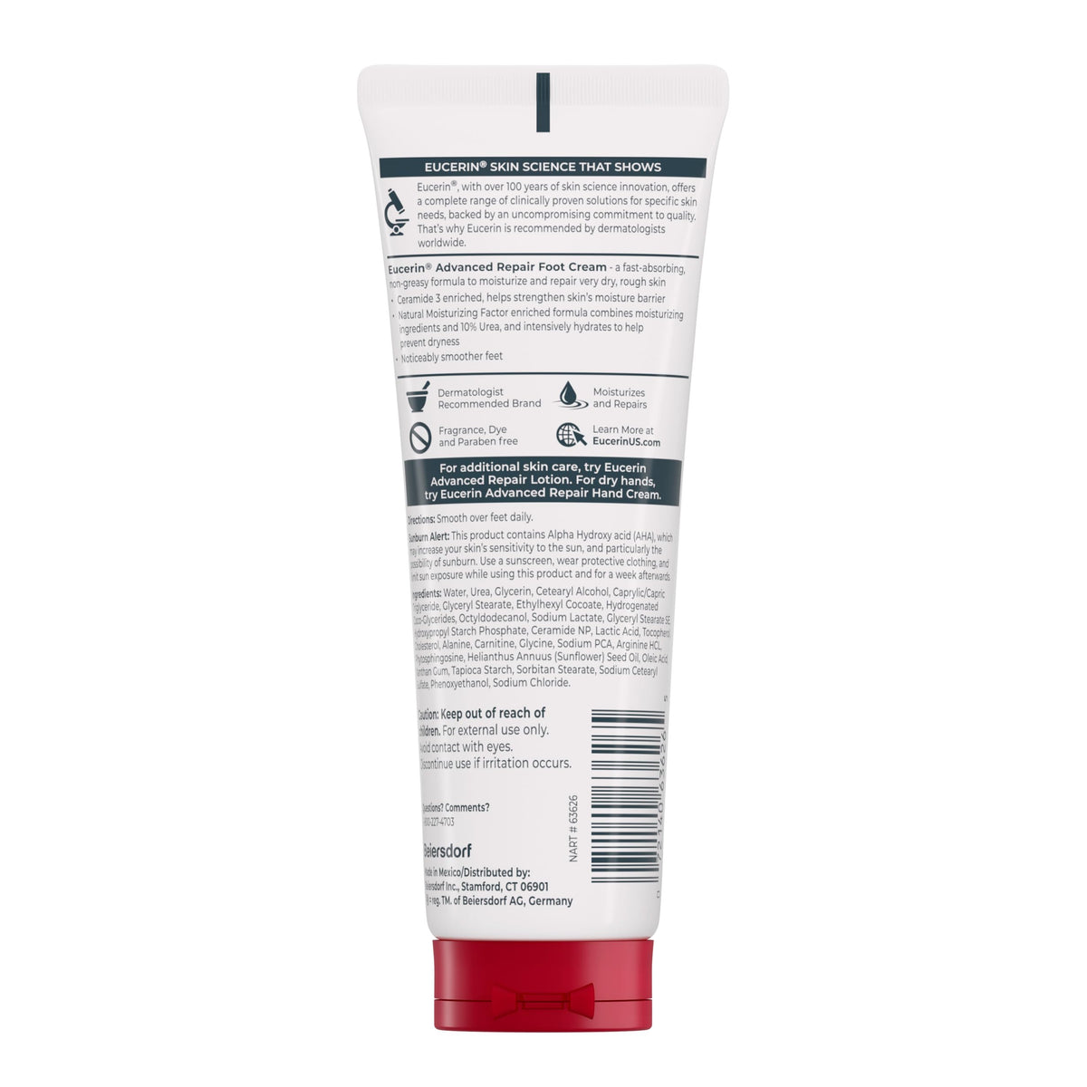 Eucerin ingredient label close-up showcasing urea and ceramide benefit