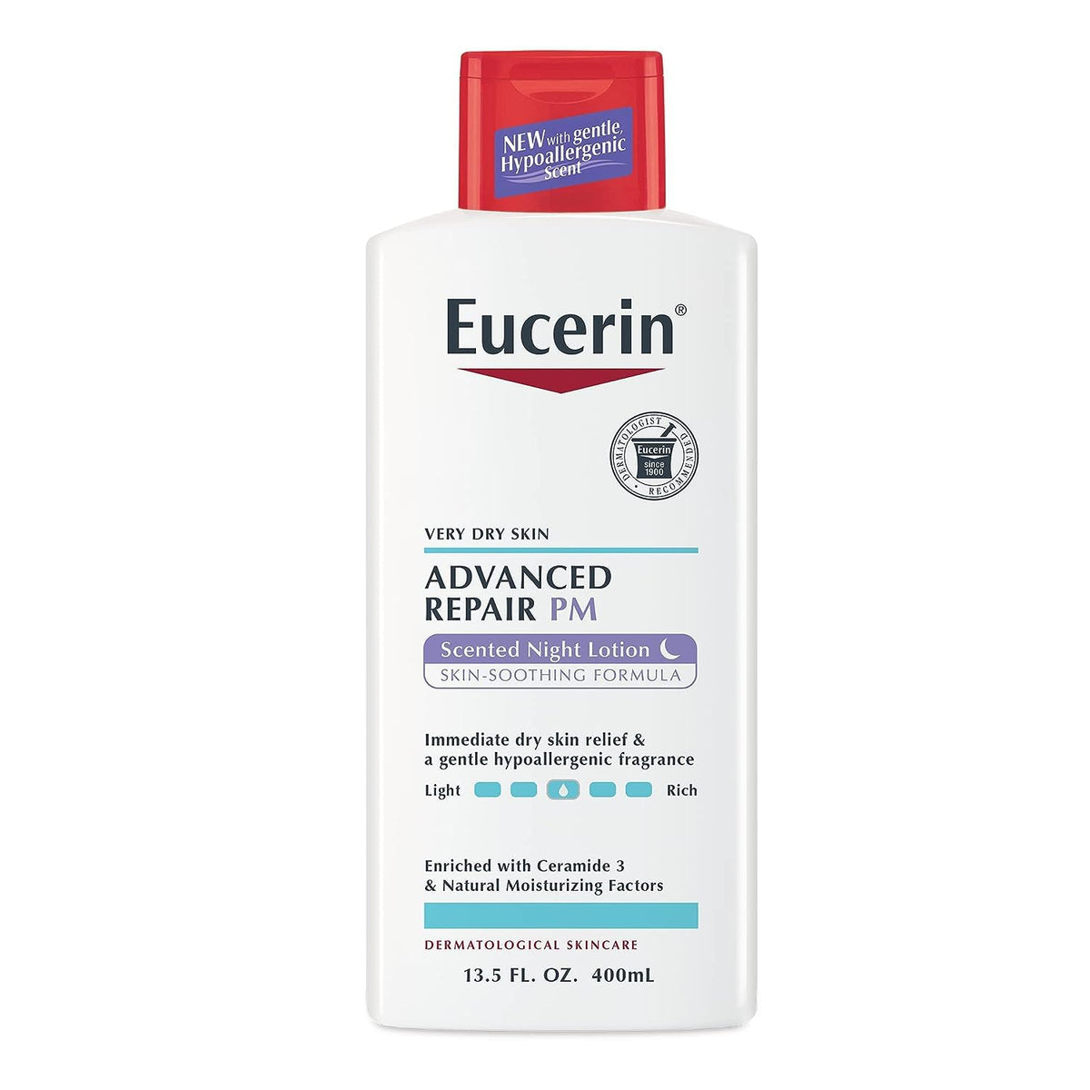 Eucerin front packaging showing 13.5 oz bottle and calming benefits