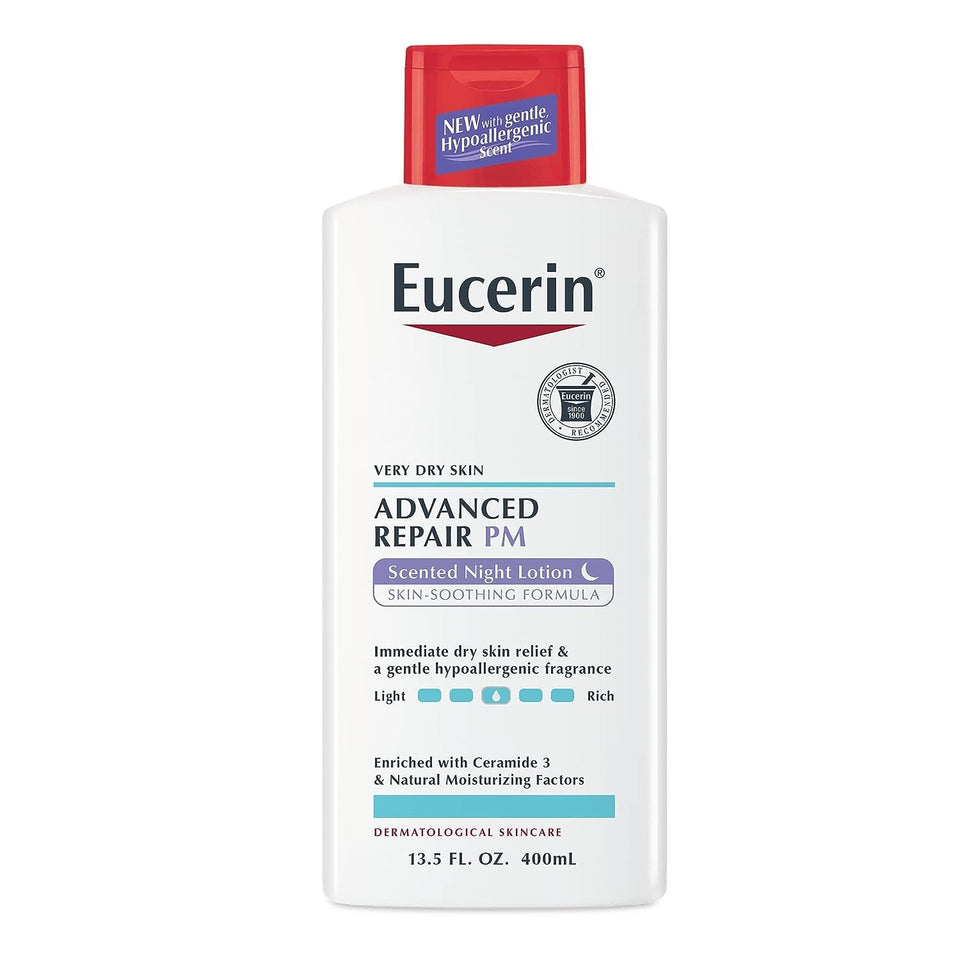 Eucerin front packaging showing 13.5 oz bottle and calming benefits