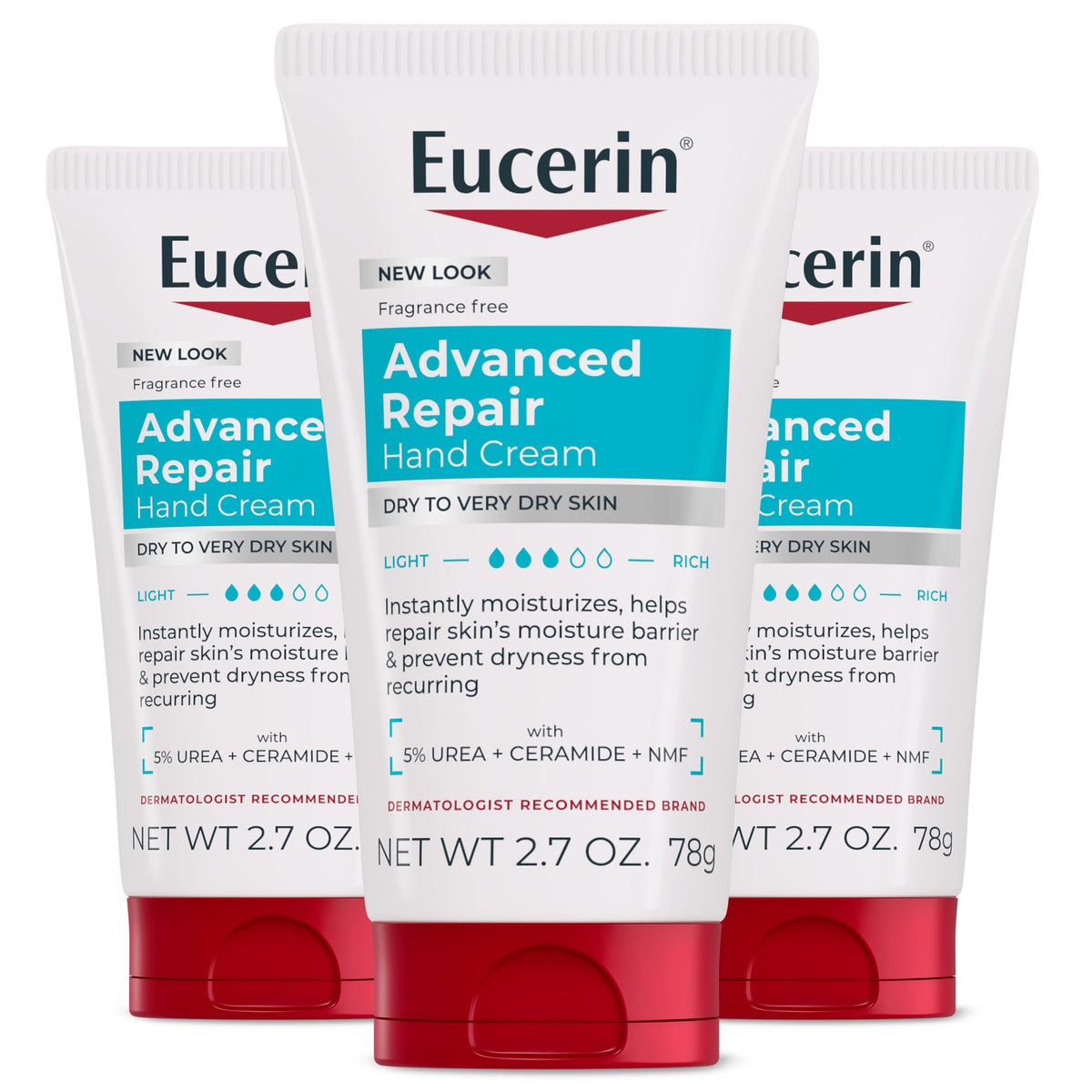 Eucerin front packaging showing three travel hand cream tubes and clear branding