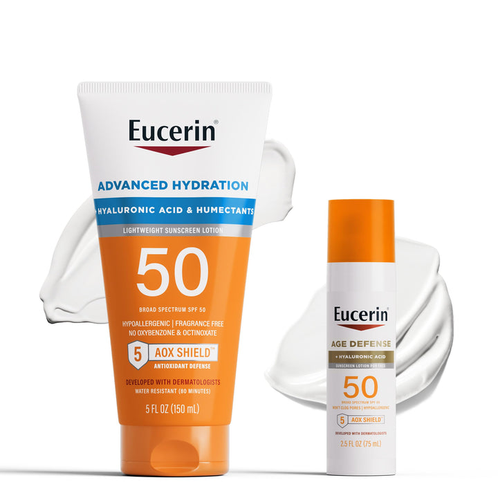 Eucerin front packaging showing two SPF 50 lotions for easy identification and protection