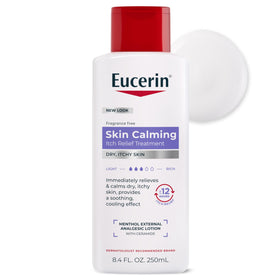 Eucerin front packaging showing 8.4 fl oz bottle and benefit of fast itch relief