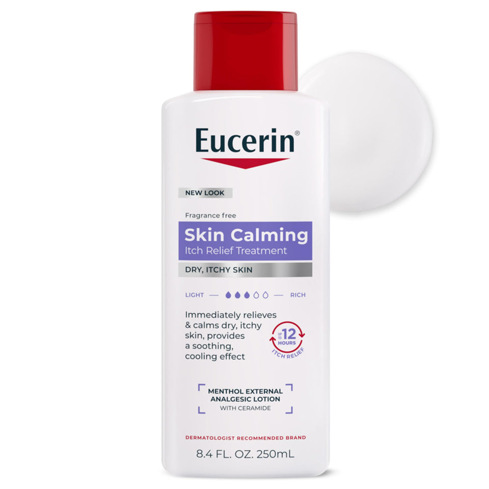 Eucerin front packaging showing 8.4 fl oz bottle and benefit of fast itch relief