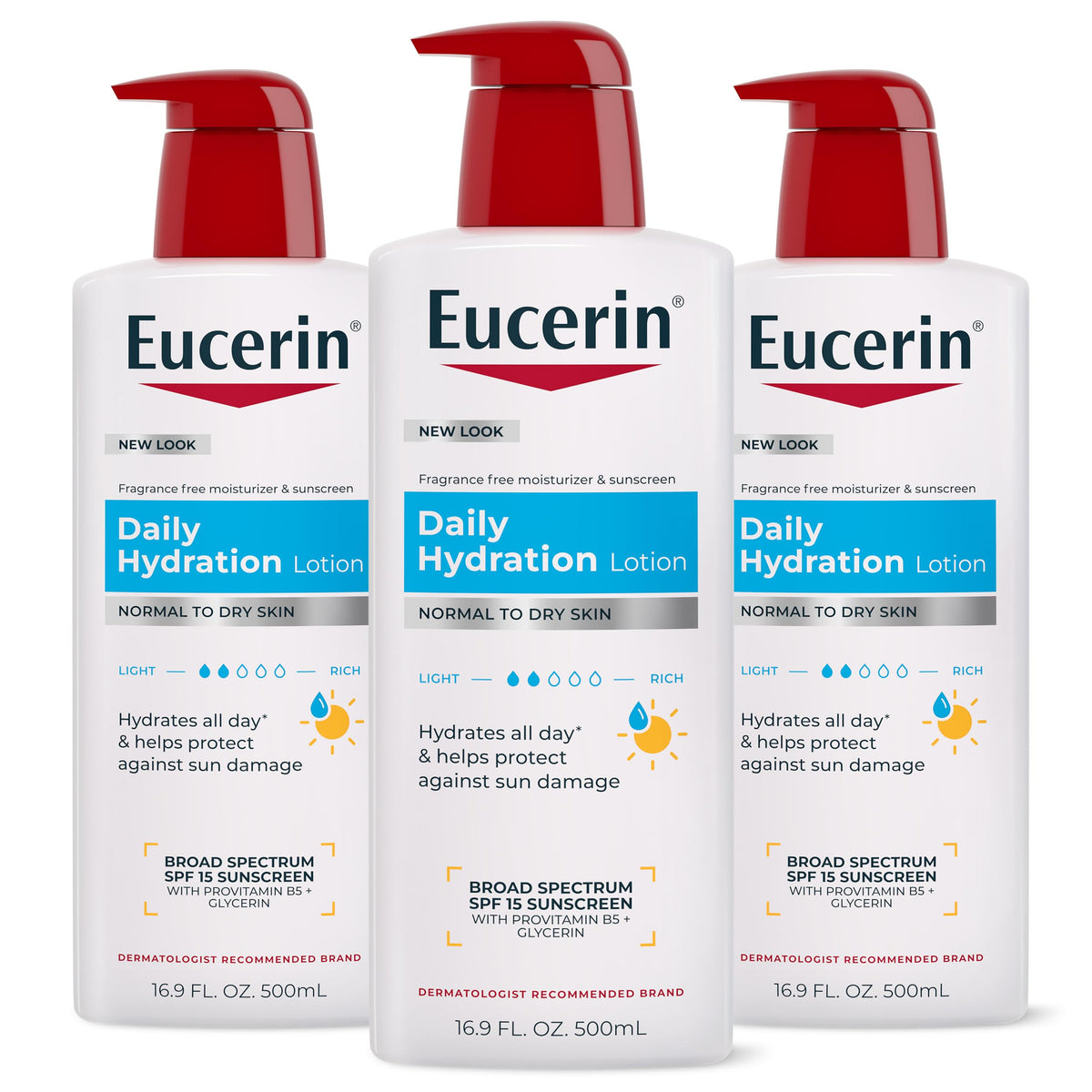 Eucerin front pump bottle showing product and easy dispensing benefit