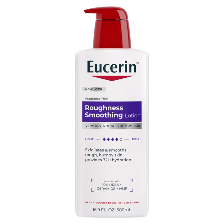 Eucerin pump bottle front view showing product and branding for easy identification and benefit