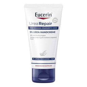 Eucerin front packaging showing repairing hand cream and 75 ml convenience
