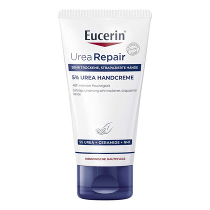Eucerin front packaging showing repairing hand cream and 75 ml convenience