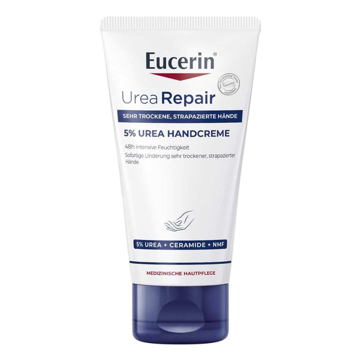 Eucerin front packaging showing repairing hand cream and 75 ml convenience