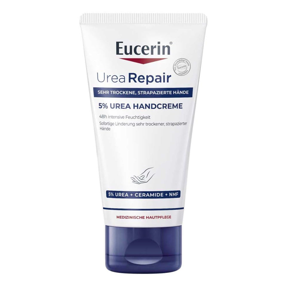 Eucerin front packaging showing repairing hand cream and 75 ml convenience