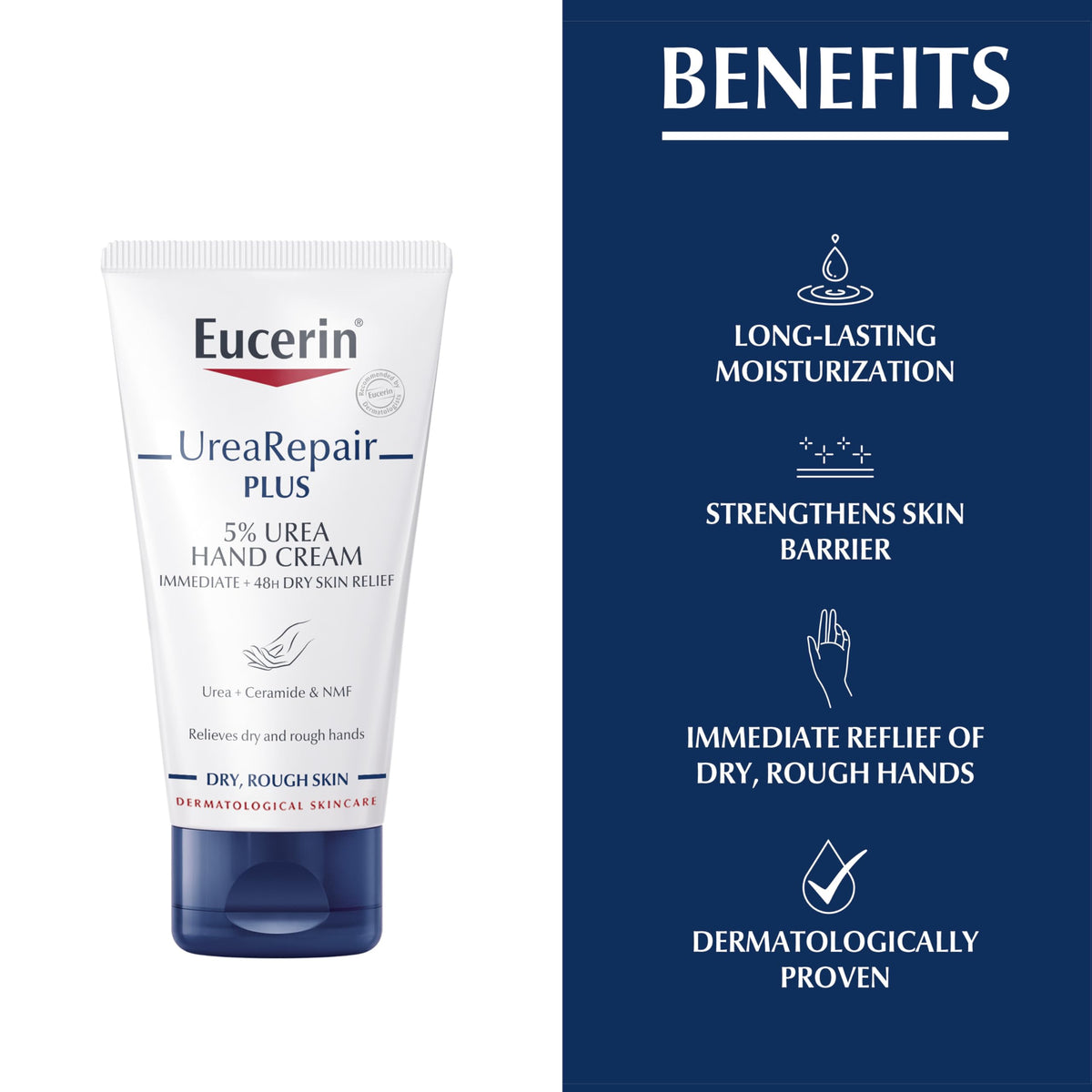 Eucerin open tube with visible cream dispensing, practical travel-sized 75ml benefit