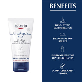 Eucerin open tube with visible cream dispensing, practical travel-sized 75ml benefit