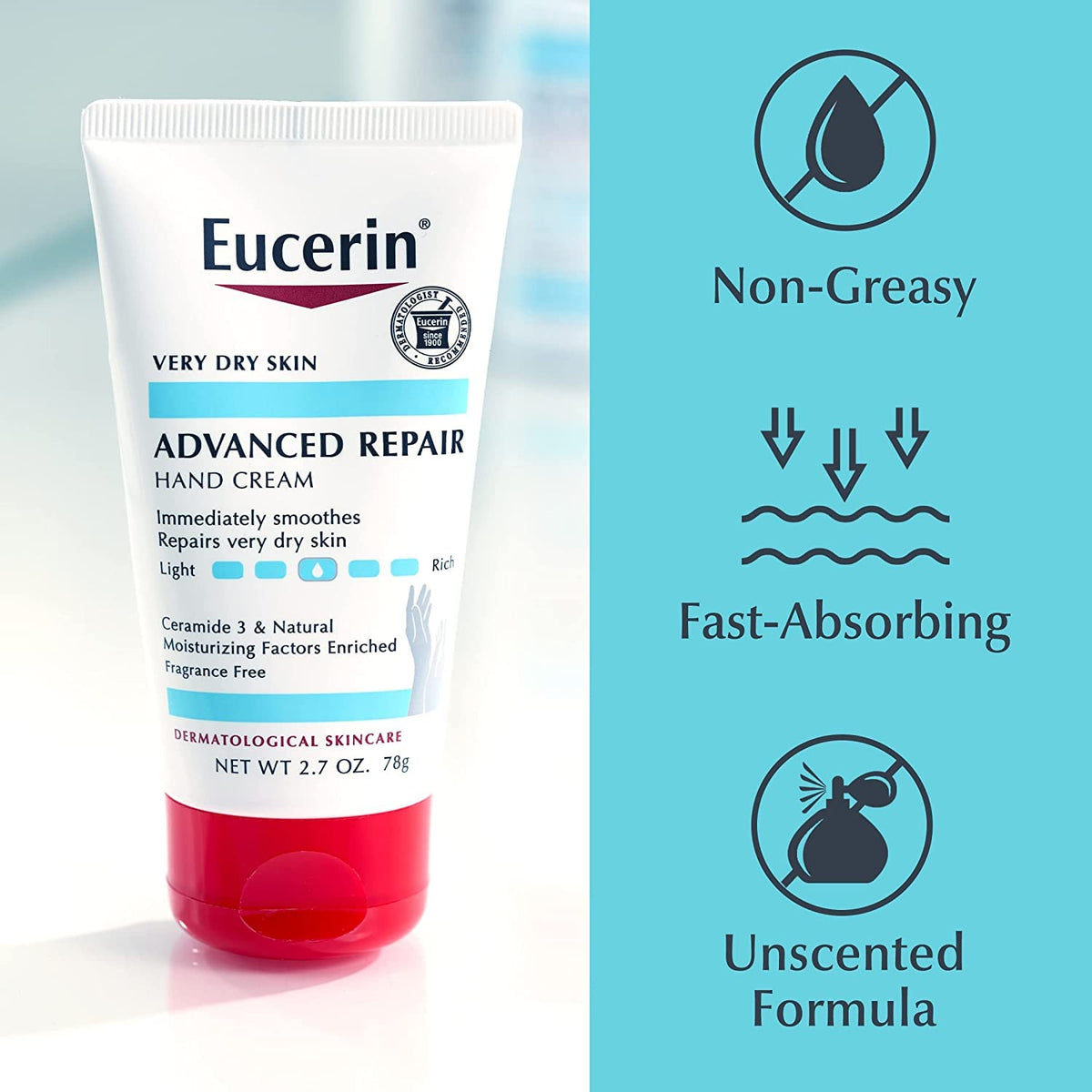 Eucerin tube on bathroom counter styled to show daily routine and easy access
