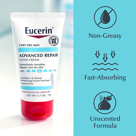Eucerin tube on bathroom counter styled to show daily routine and easy access